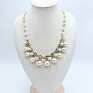 MONET GOLD WITH CLEAR RHINESTONES & FAUX PEARL BIB DESIGN NECKLACE